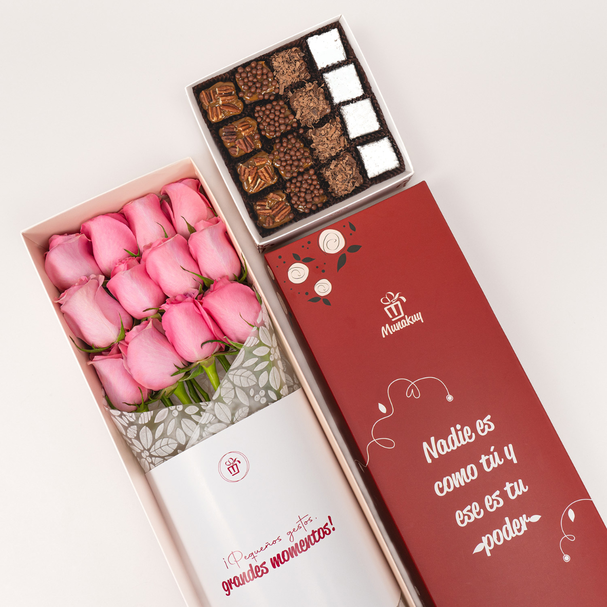 Caja de rosas rosadas con brownies premium