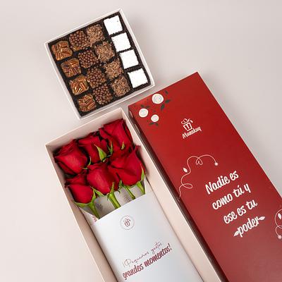 Caja de rosas rojas con brownies premium